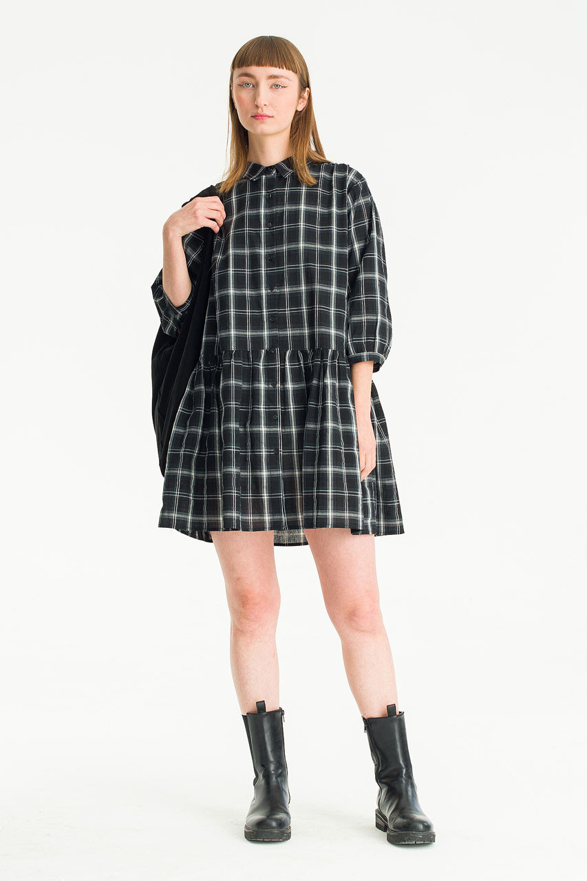 Kaito Check Mini Shirt Dress, Black