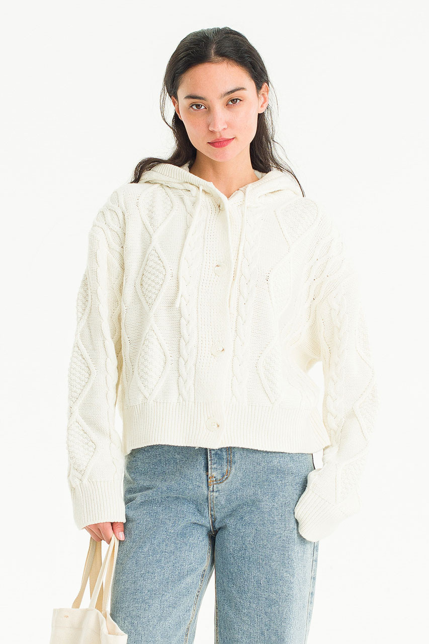 Eva Cable Hood Cardigan, Ivory
