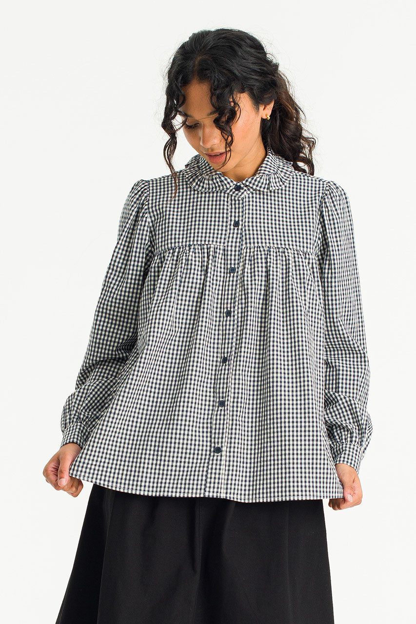 Frill Neck Gingham Blouse, Navy
