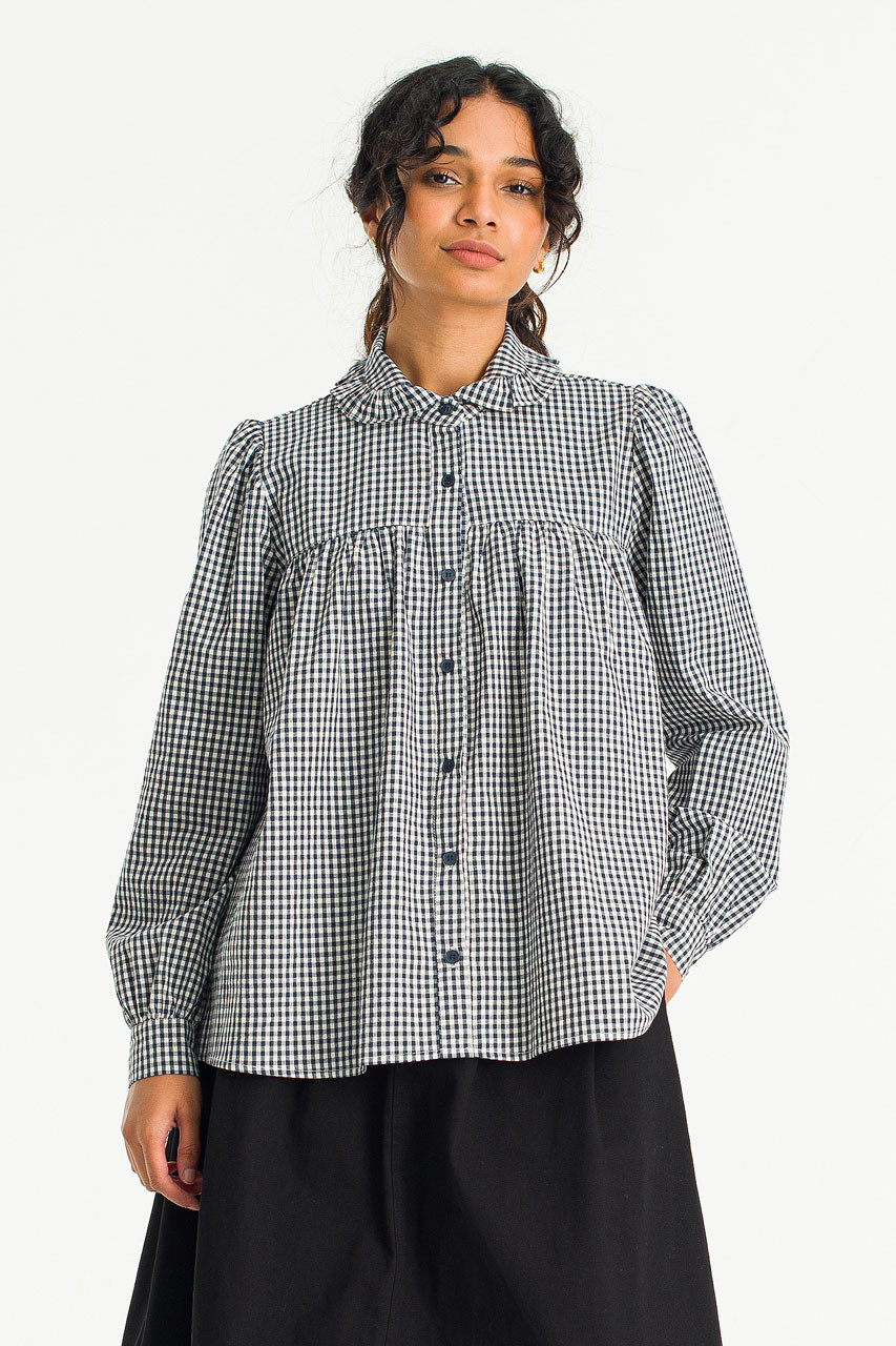 Frill Neck Gingham Blouse, Navy