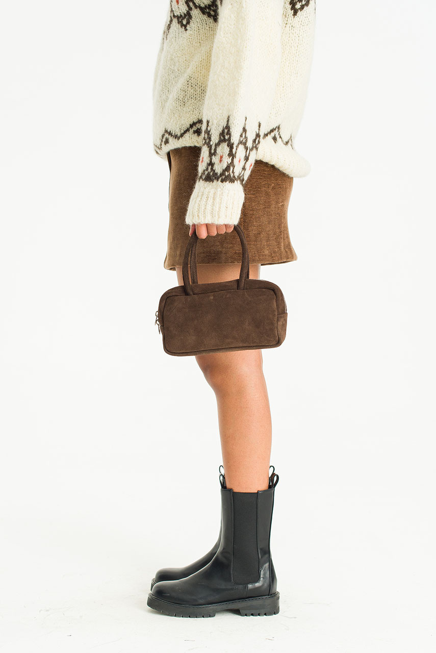 Suede Mini Boston Bag, Brown