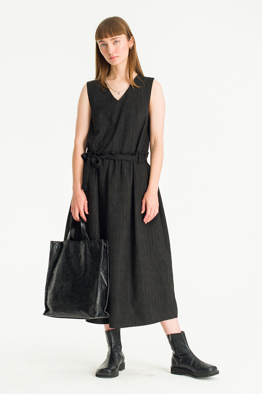V Neck Frill Detail Long Dress, Black