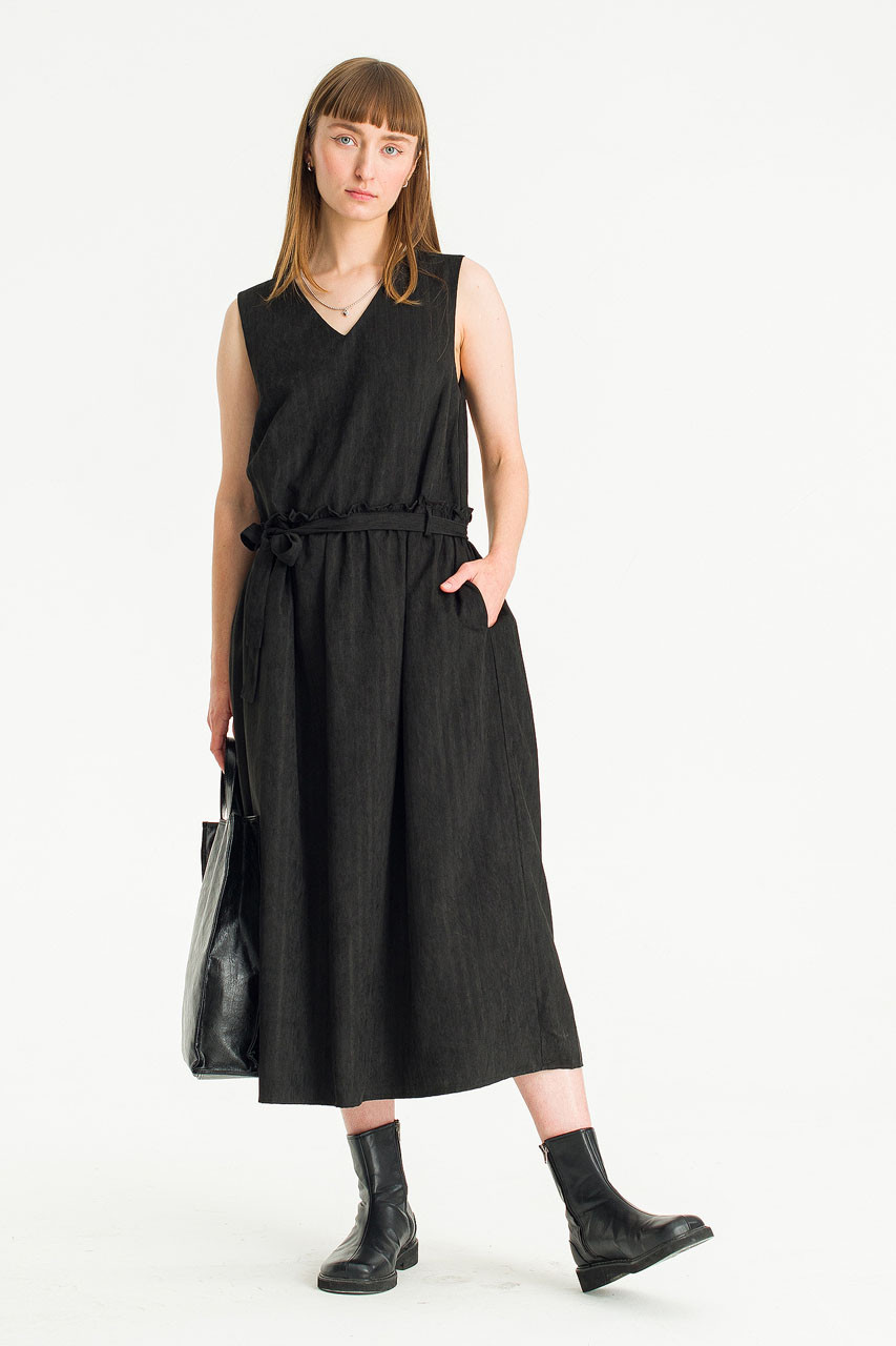V Neck Frill Detail Long Dress, Black