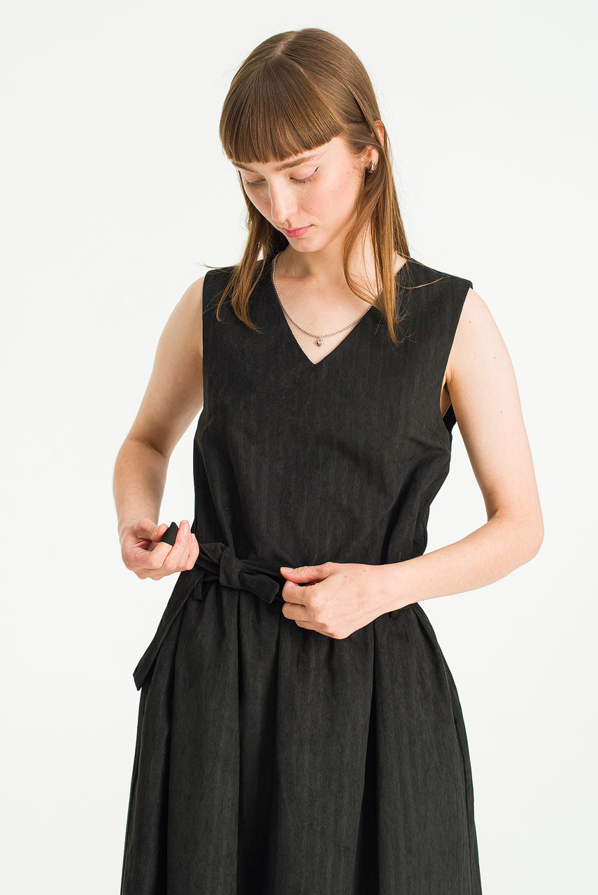 V Neck Frill Detail Long Dress, Black