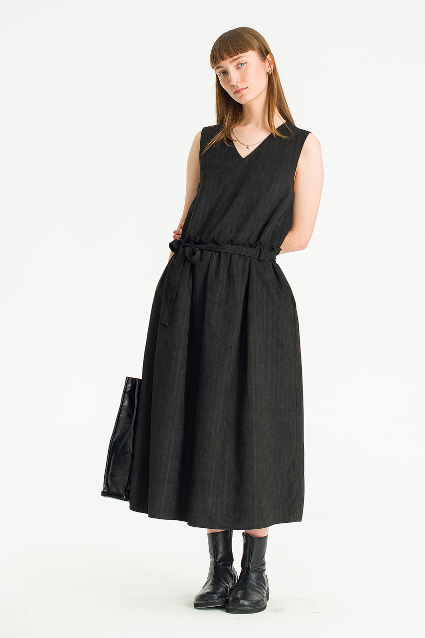 V Neck Frill Detail Long Dress, Black