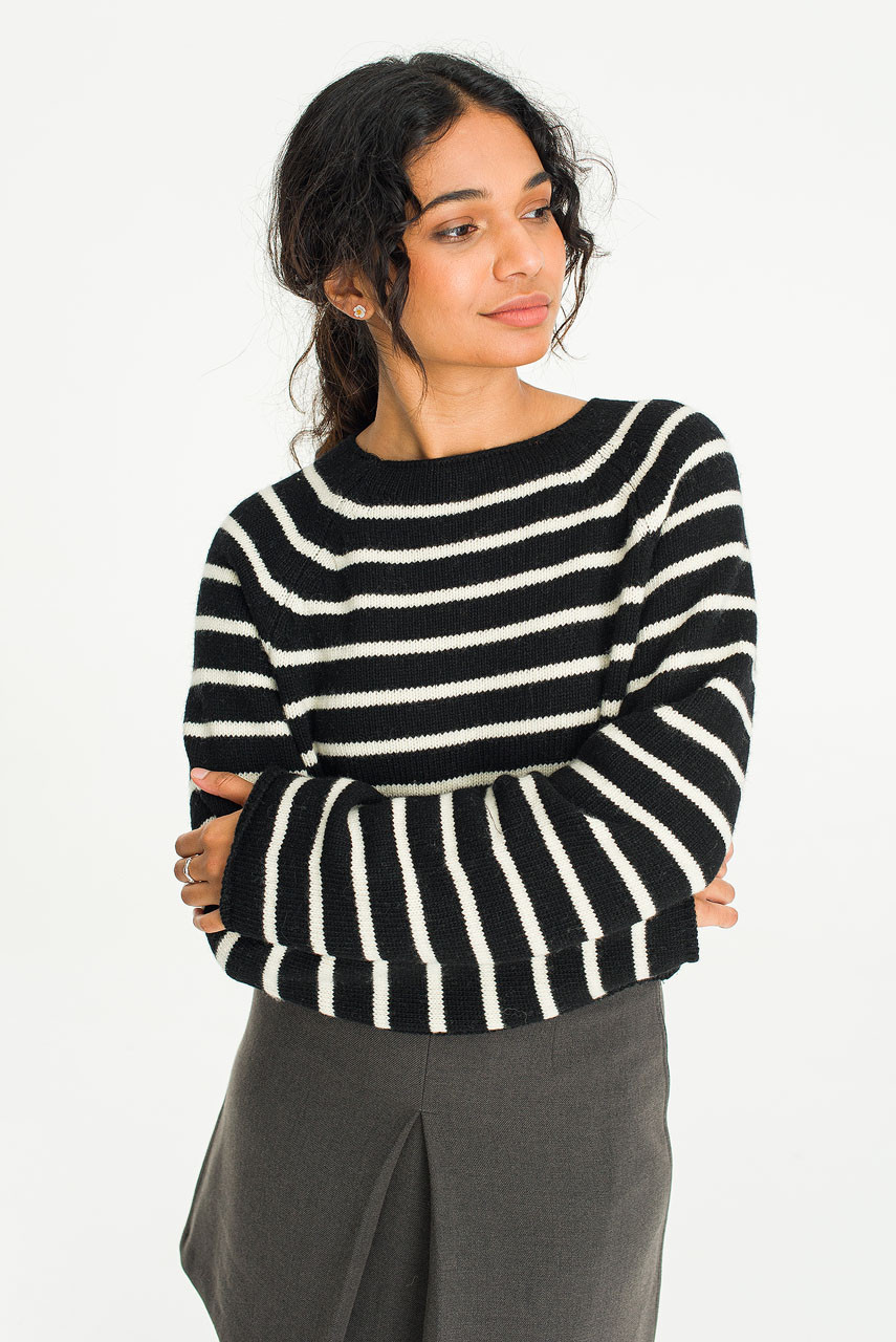 Roy Boat Neck Crop Stripe Jumper, Black/Ivory