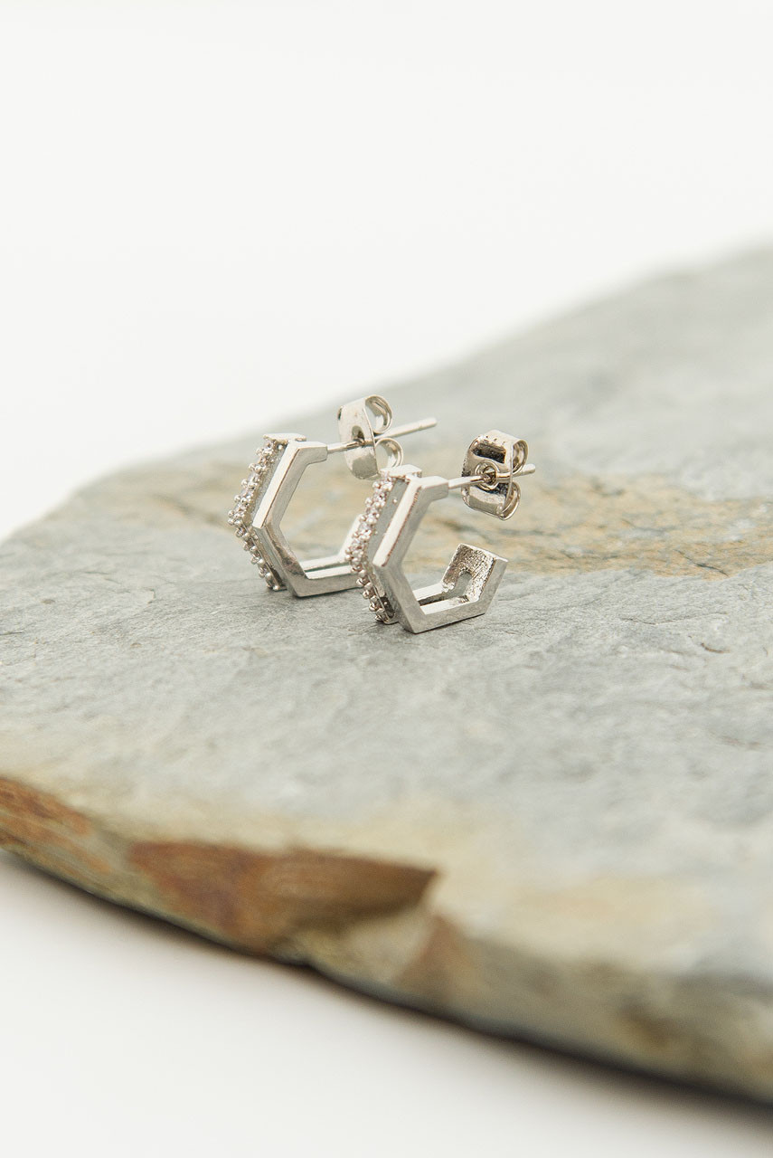 Rose Hexagon Earrings, Silver