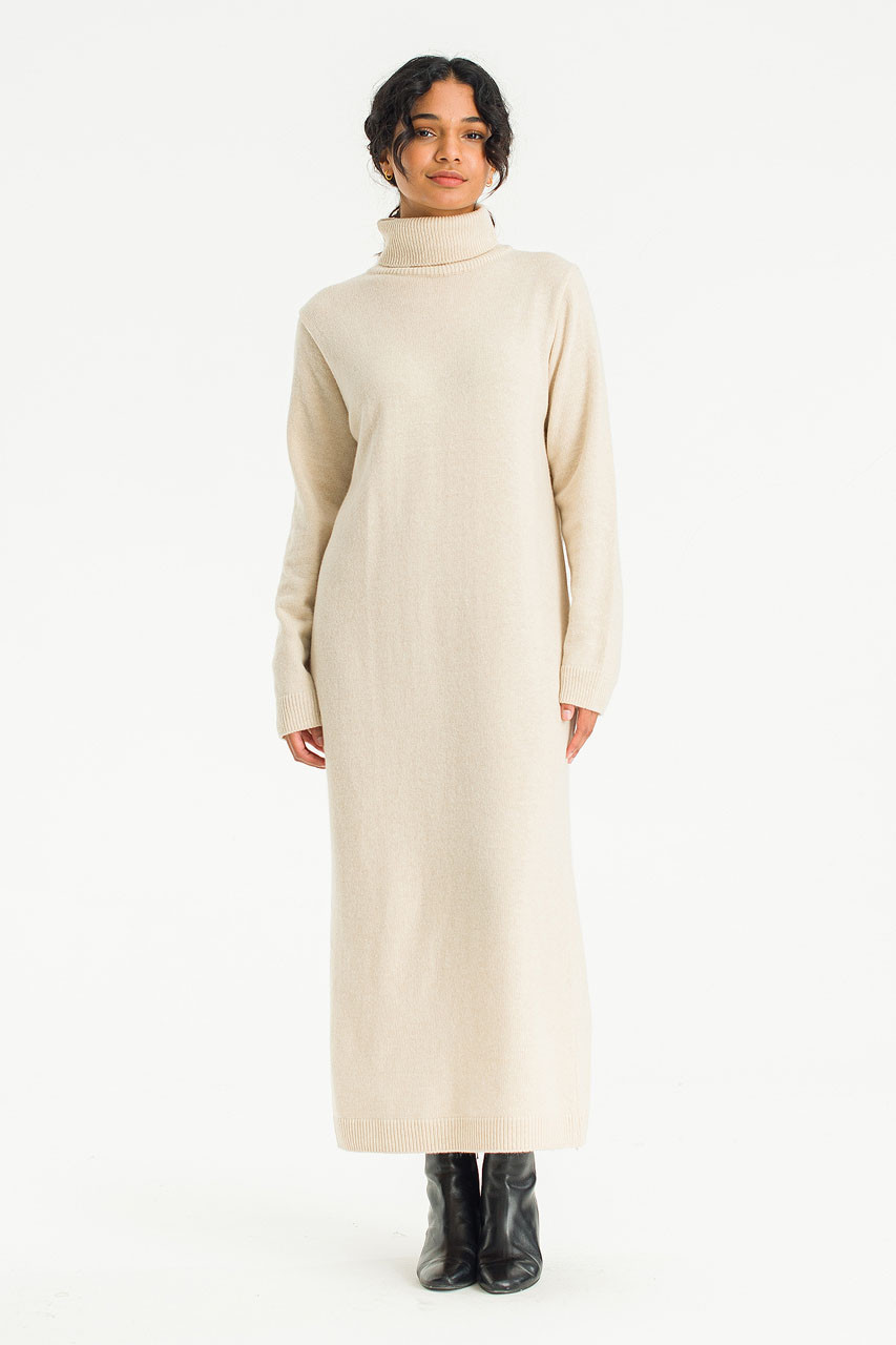 Mio Roll Neck Knit Dress, Cream
