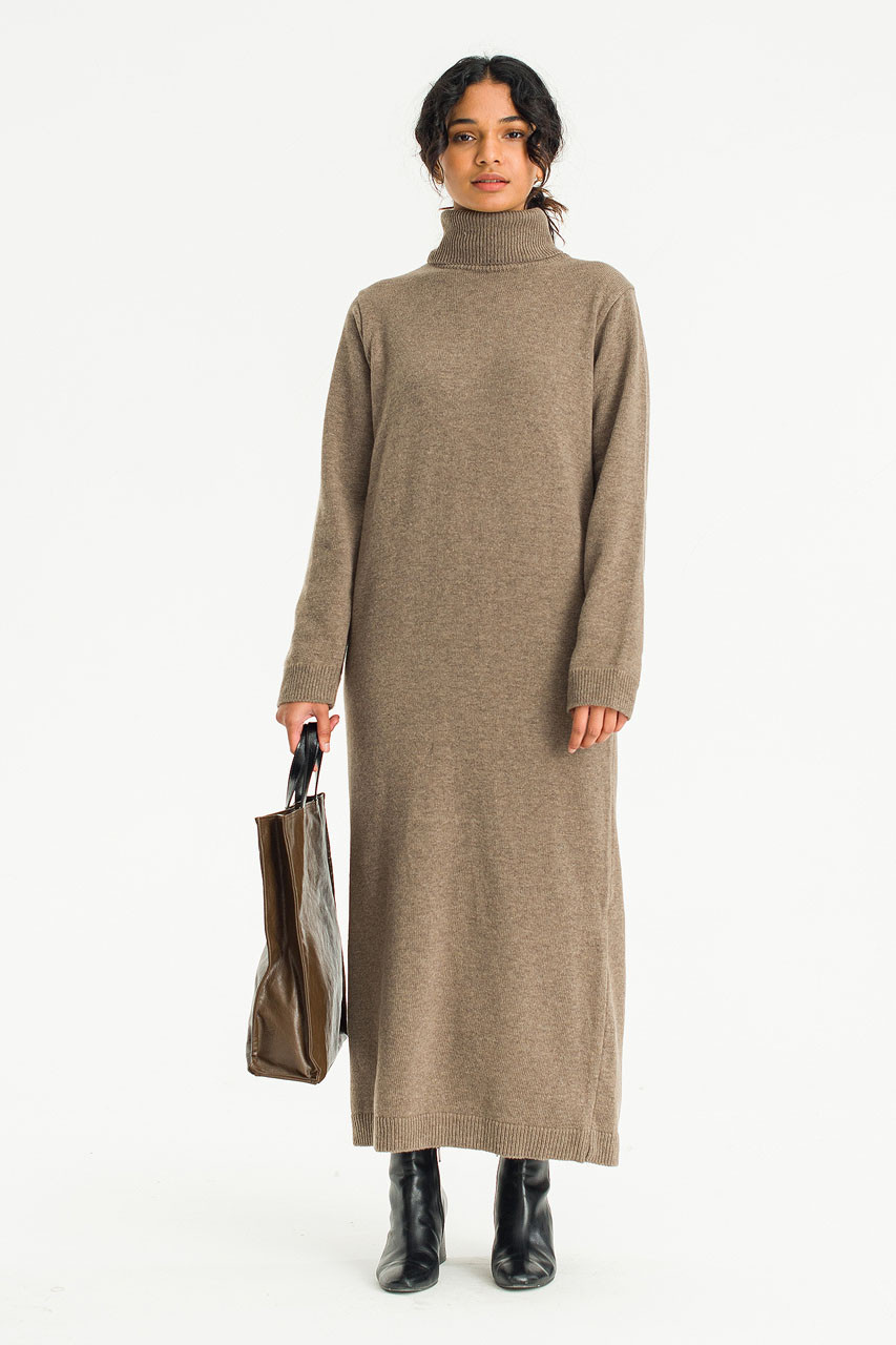 Mio Roll Neck Knit Dress, Brown