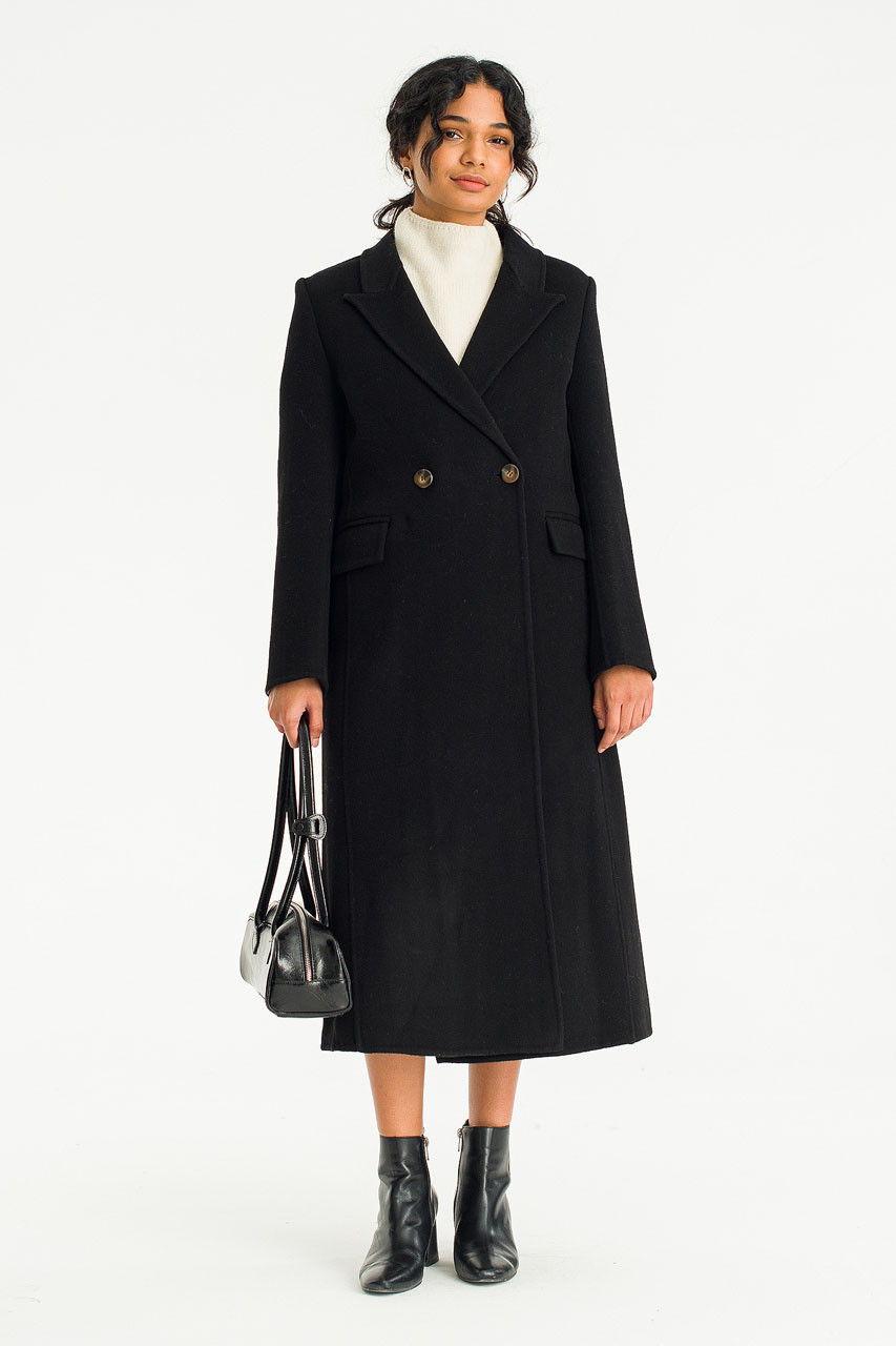 Reina Double Button Seamless Coat, Black