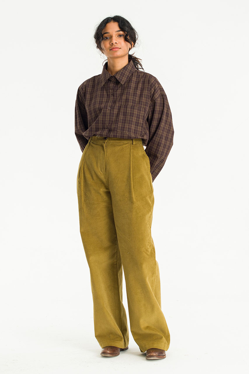 Single Pin Tuck Cord Trousers, Khaki