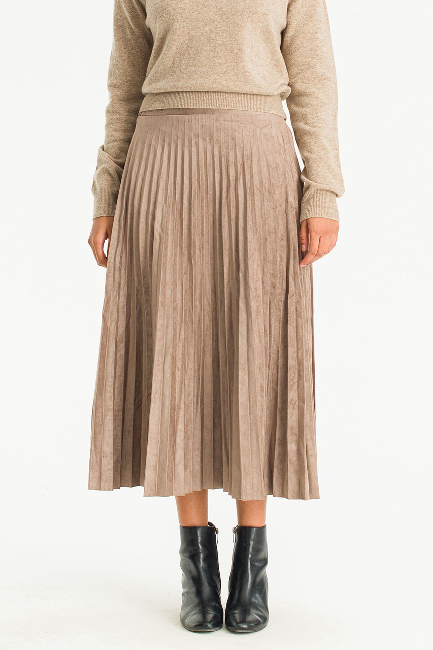 Moa Faux Suede Pleated Skirt, Brown