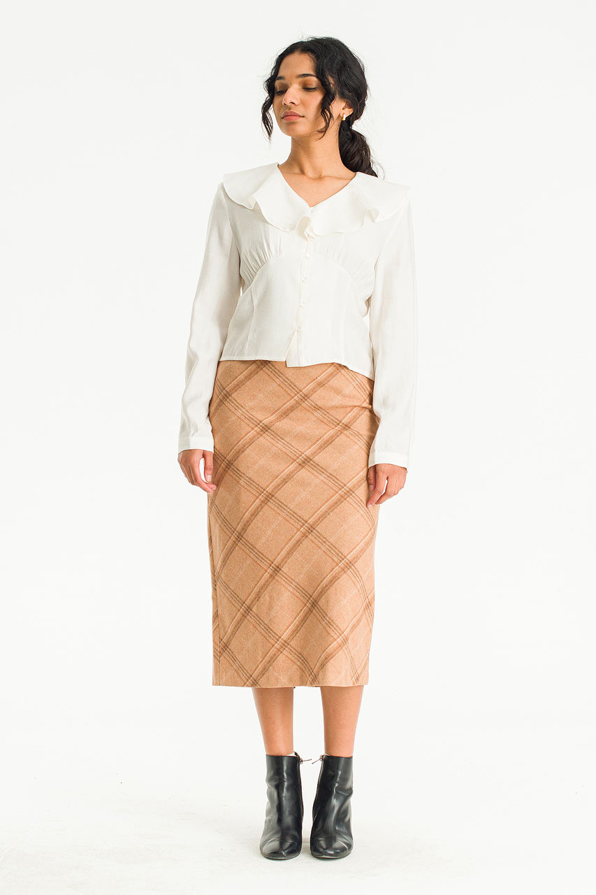 Elise Check Mid Length Skirt, Beige