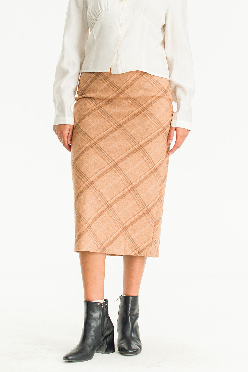 Elise Check Mid Length Skirt, Beige