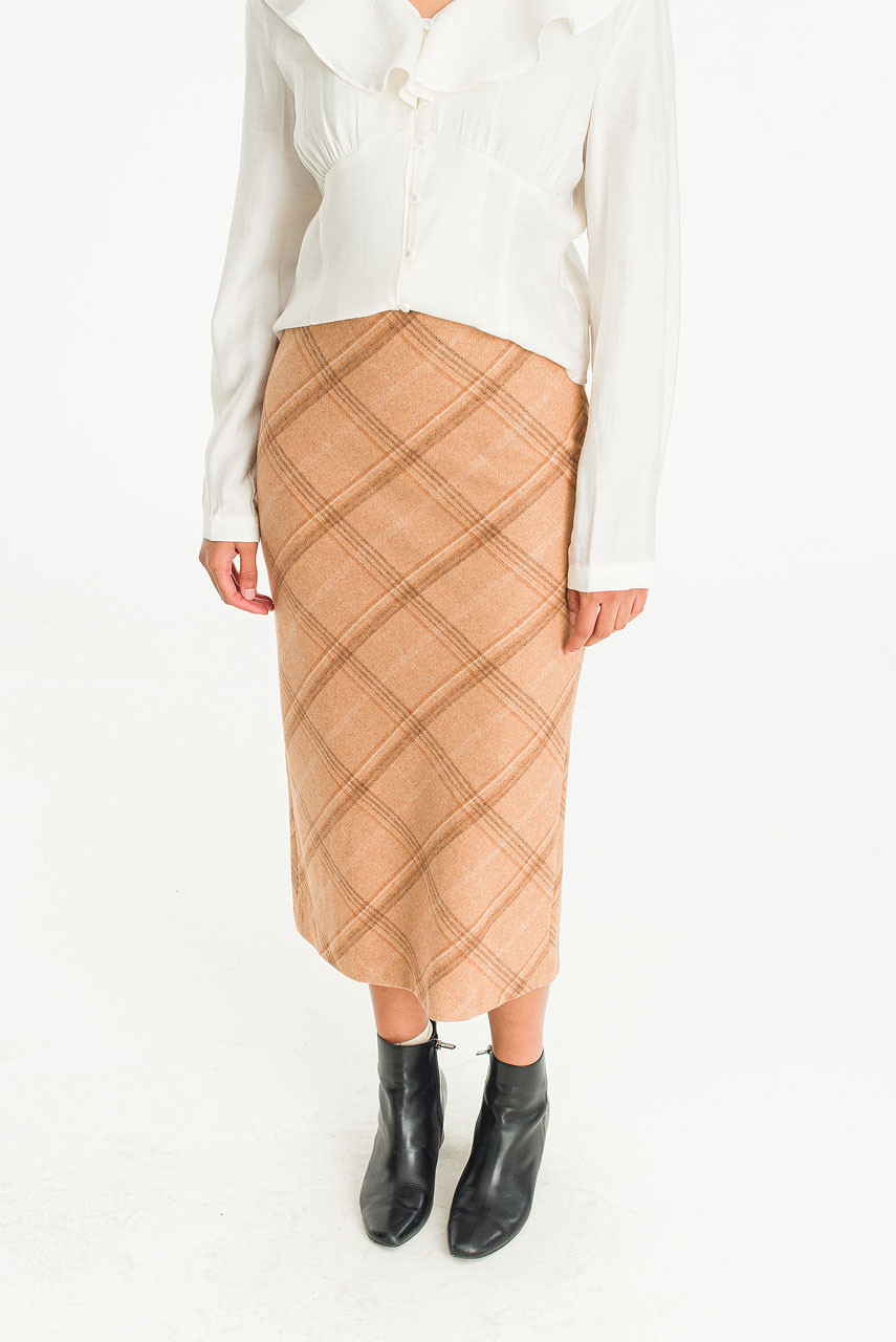 Elise Check Mid Length Skirt, Beige