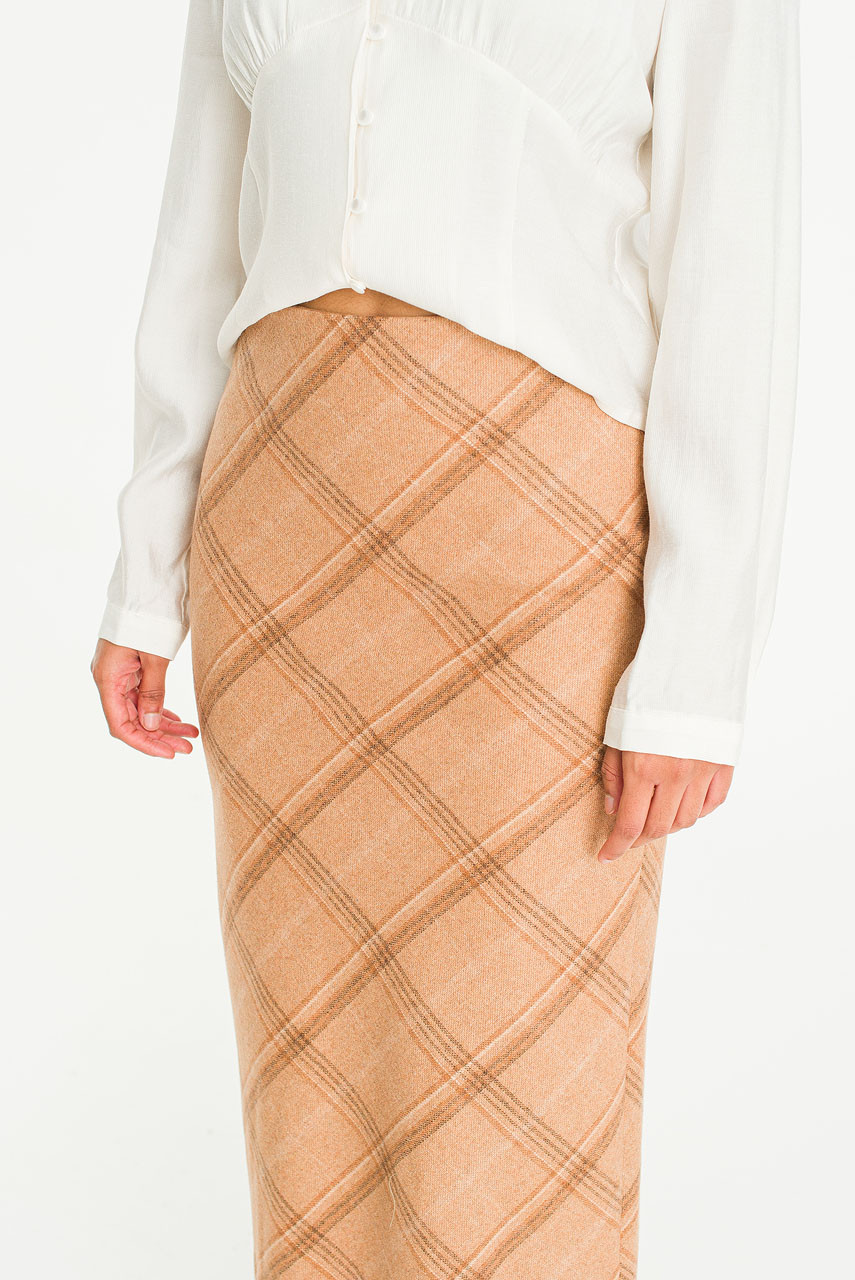 Elise Check Mid Length Skirt, Beige