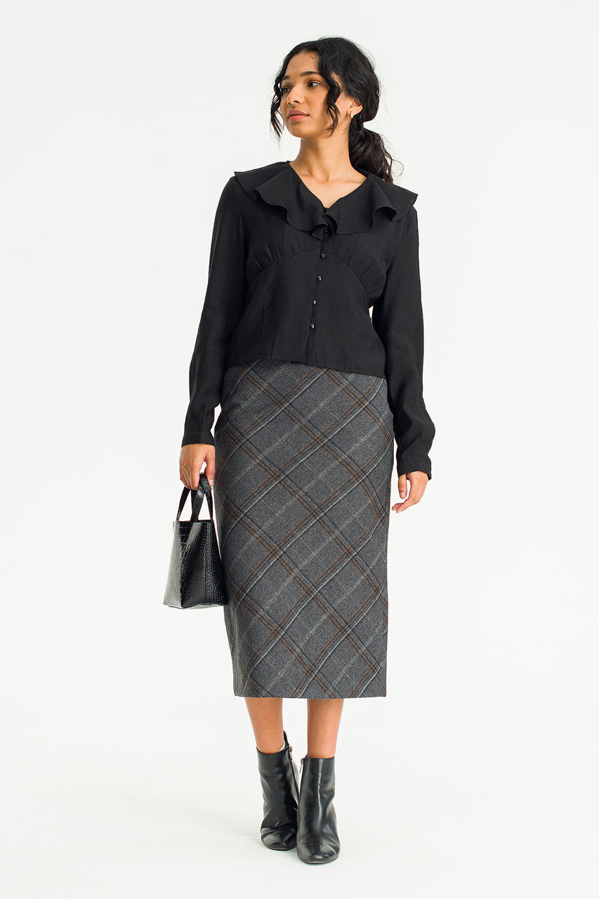 Elise Check Mid Length Skirt, Charcoal