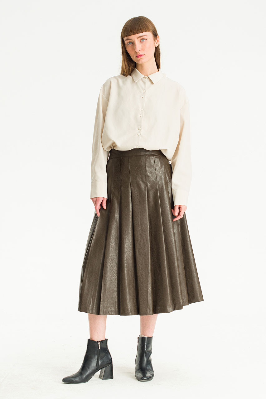 Faux Leather Mid Length Pleated Skirt, Brown