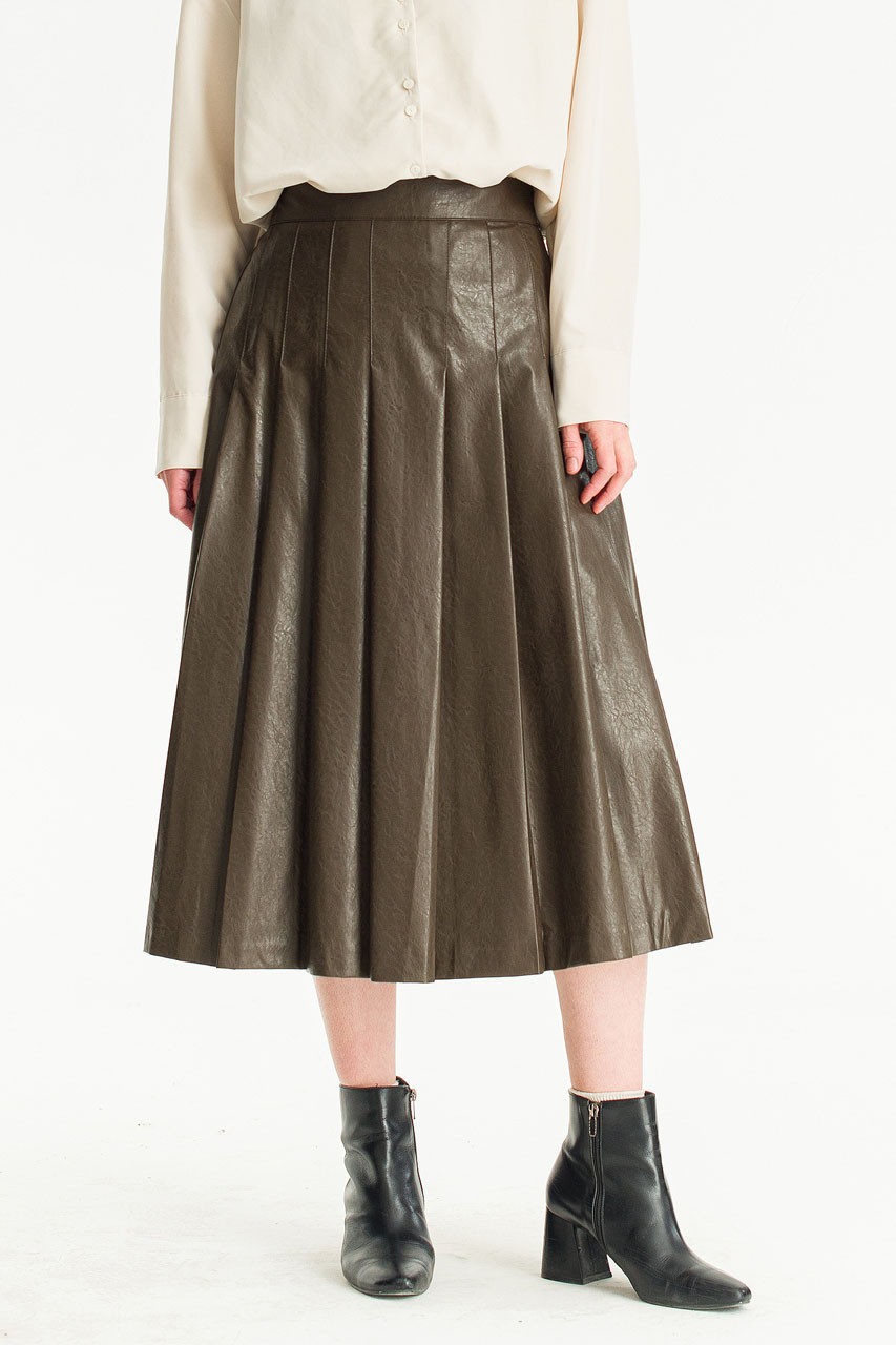 Faux Leather Mid Length Pleated Skirt, Brown