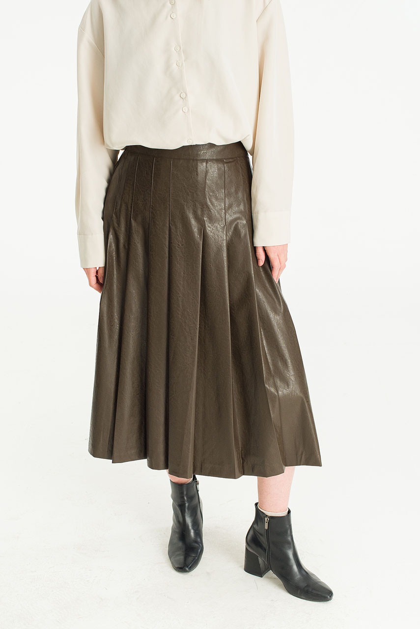 Faux Leather Mid Length Pleated Skirt, Brown