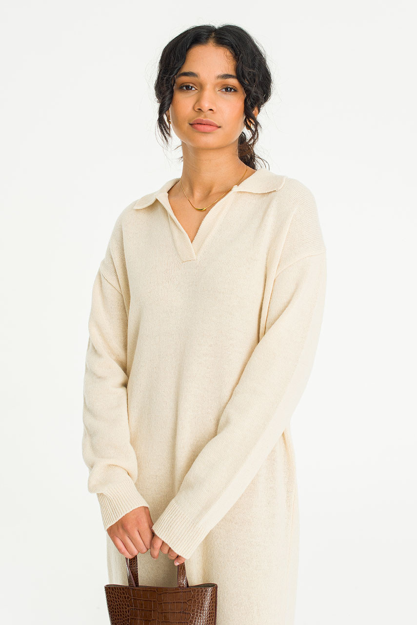 Rei Collar Knit Dress, Ivory