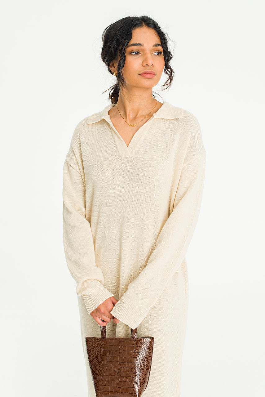 Rei Collar Knit Dress, Ivory