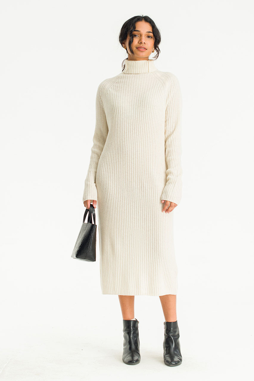 Mia Ribbed Roll Neck Dress, Cream