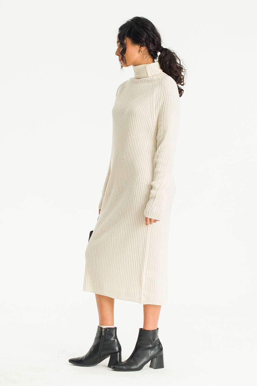 Mia Ribbed Roll Neck Dress, Cream