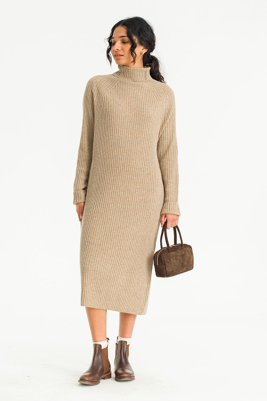 Mia Ribbed Roll Neck Dress, Mocha