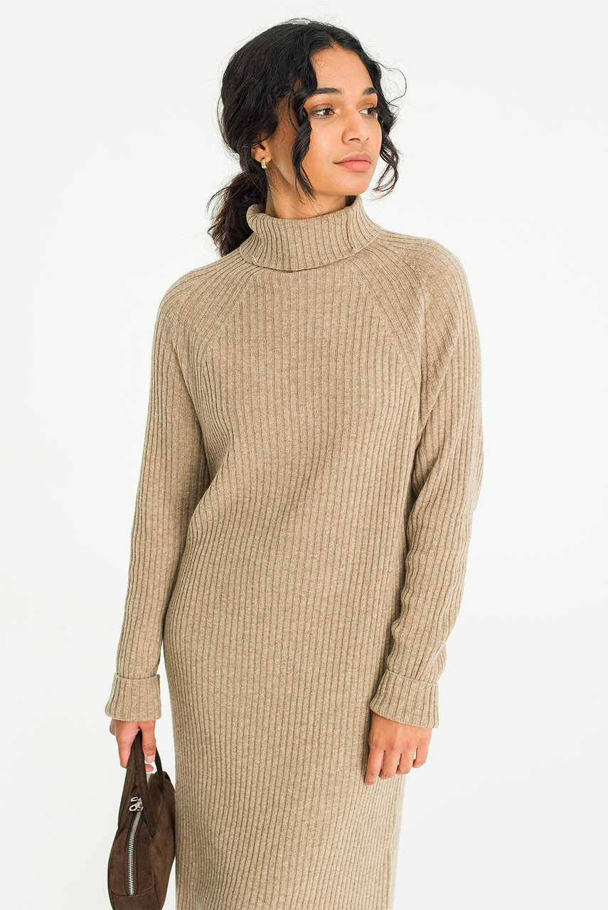 Mia Ribbed Roll Neck Dress, Mocha