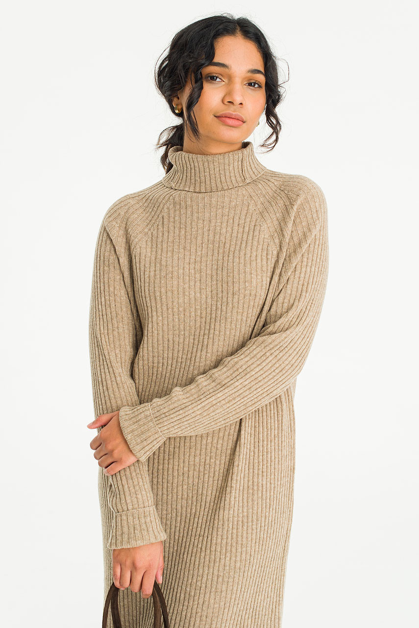 Mia Ribbed Roll Neck Dress, Mocha