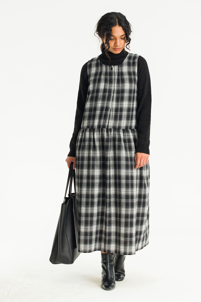 Hina Check Long Dress, Black