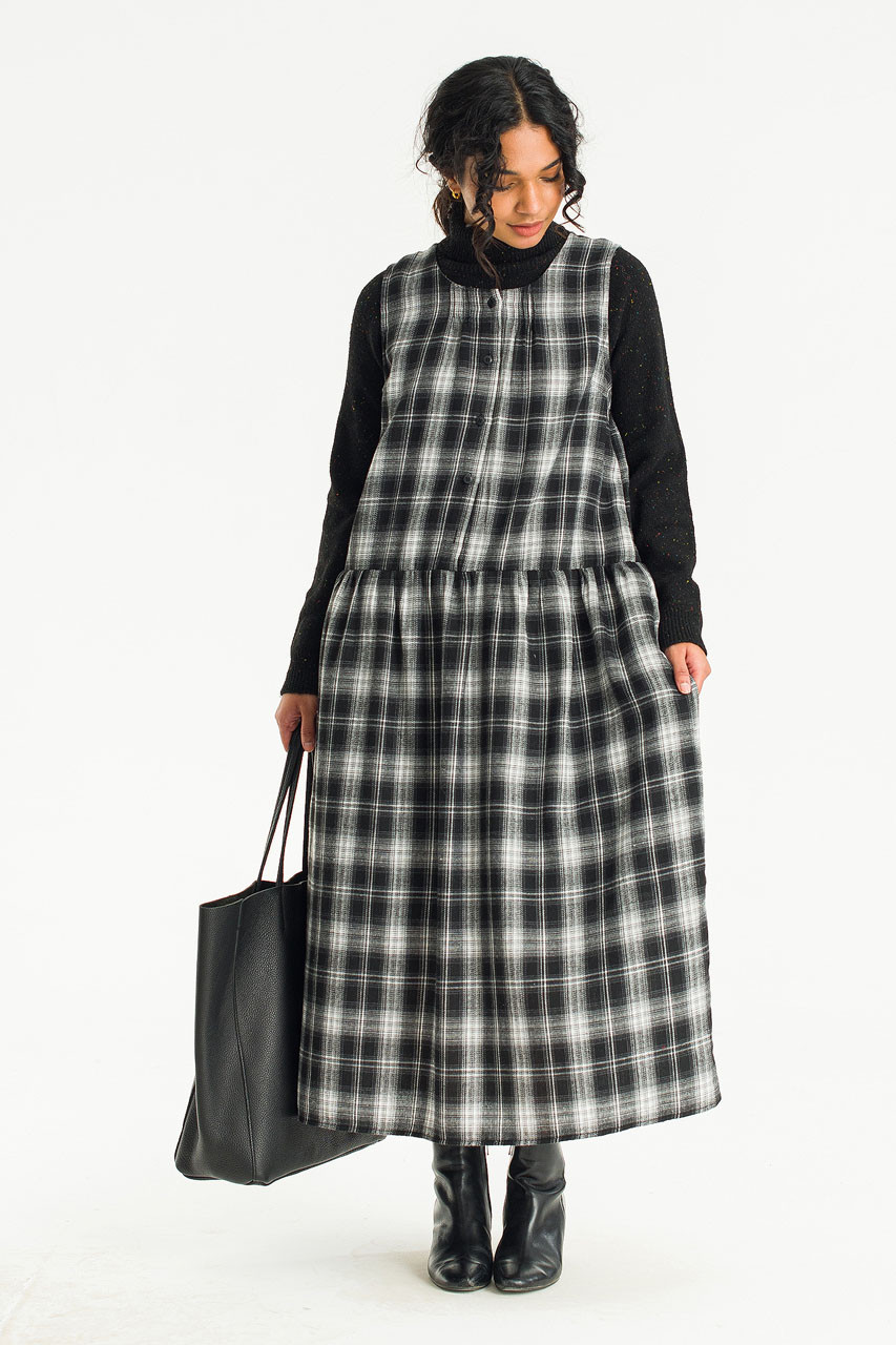 Hina Check Long Dress, Black