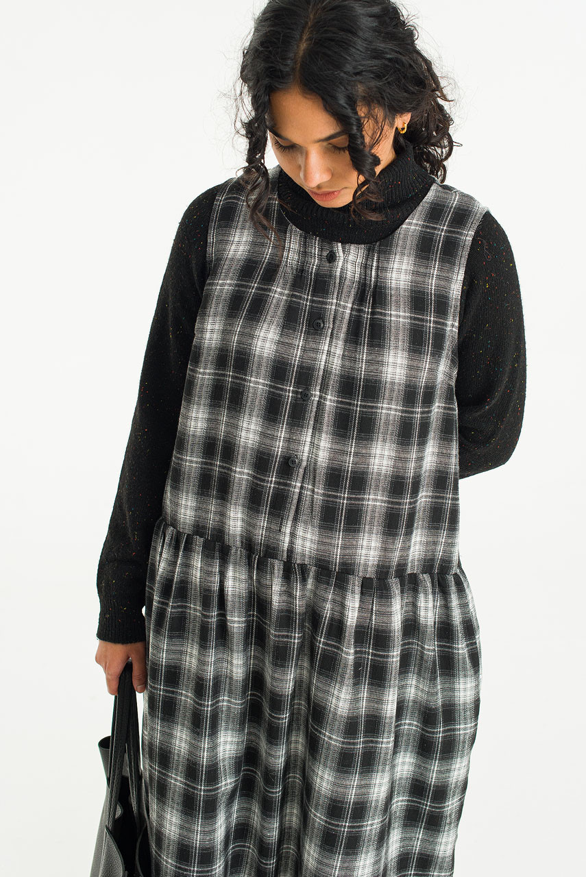 Hina Check Long Dress, Black