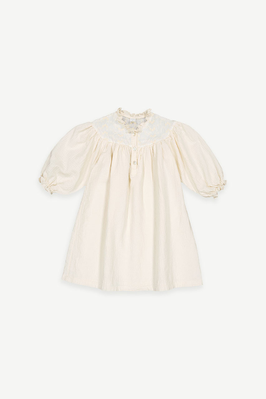 Mini Olive | Pompom Flower Embroidered Dress, Ivory