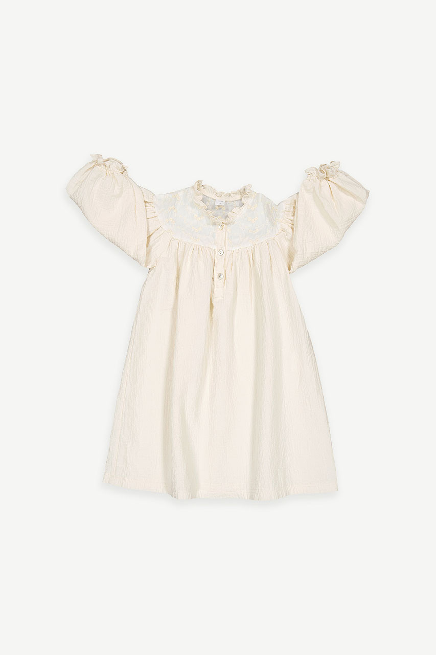 Mini Olive | Pompom Flower Embroidered Dress, Ivory