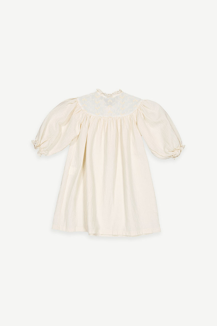 Mini Olive | Pompom Flower Embroidered Dress, Ivory