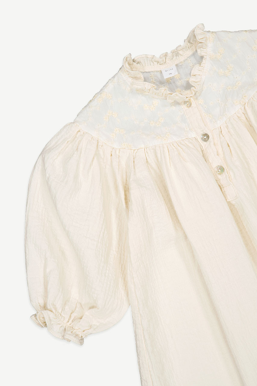 Mini Olive | Pompom Flower Embroidered Dress, Ivory