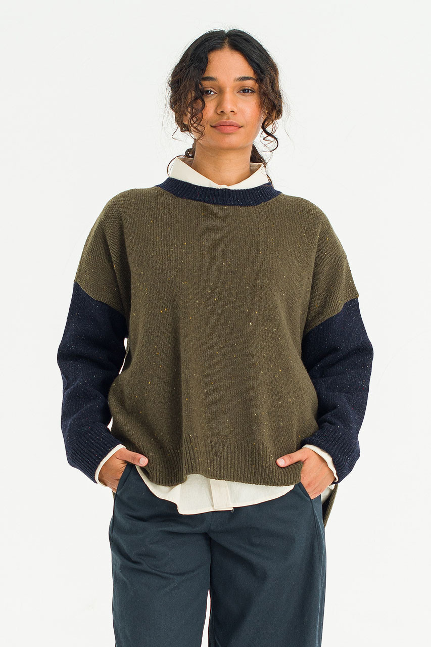 Boucle Round Neck Jumper, Navy/Green