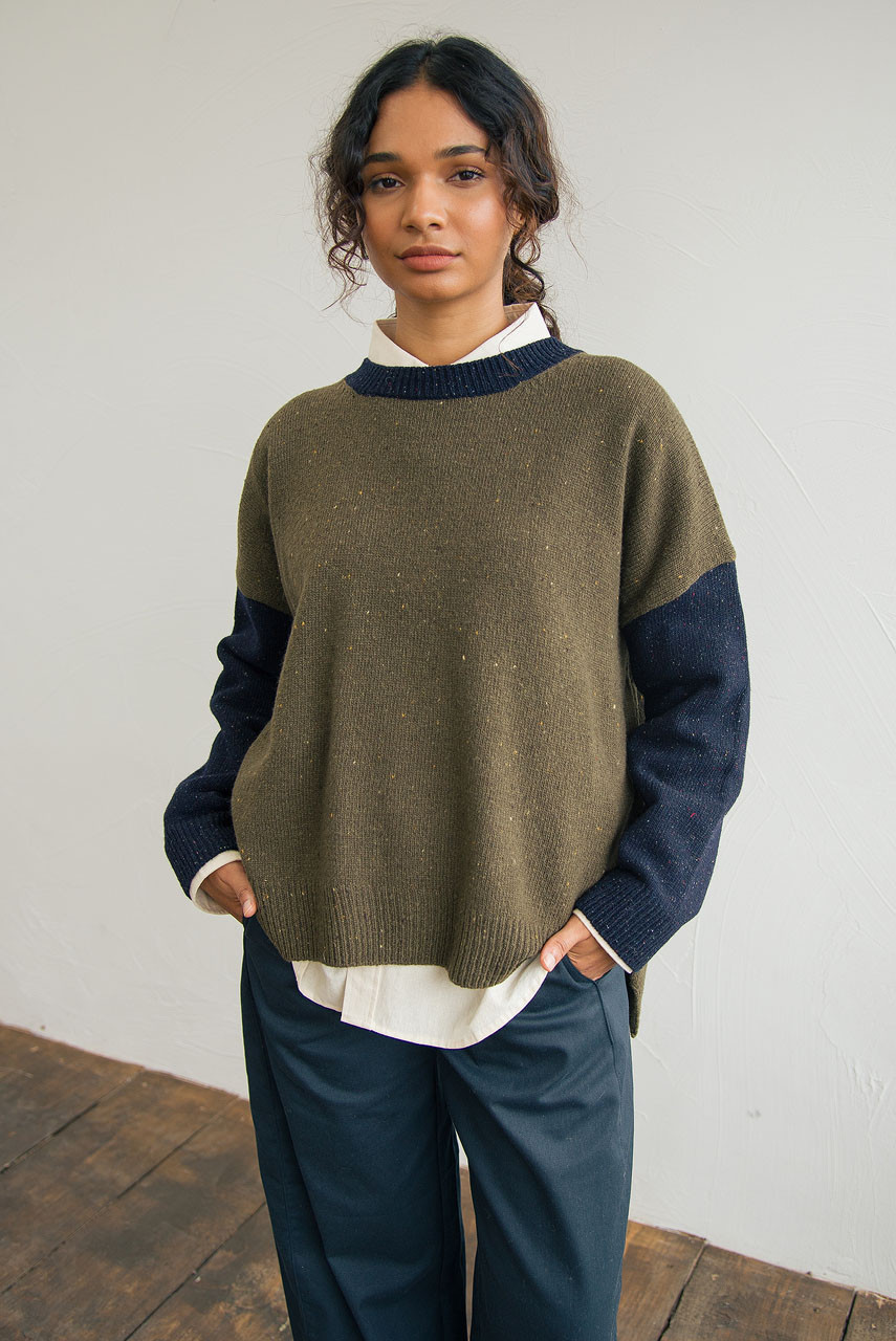 Boucle Round Neck Jumper, Navy/Green