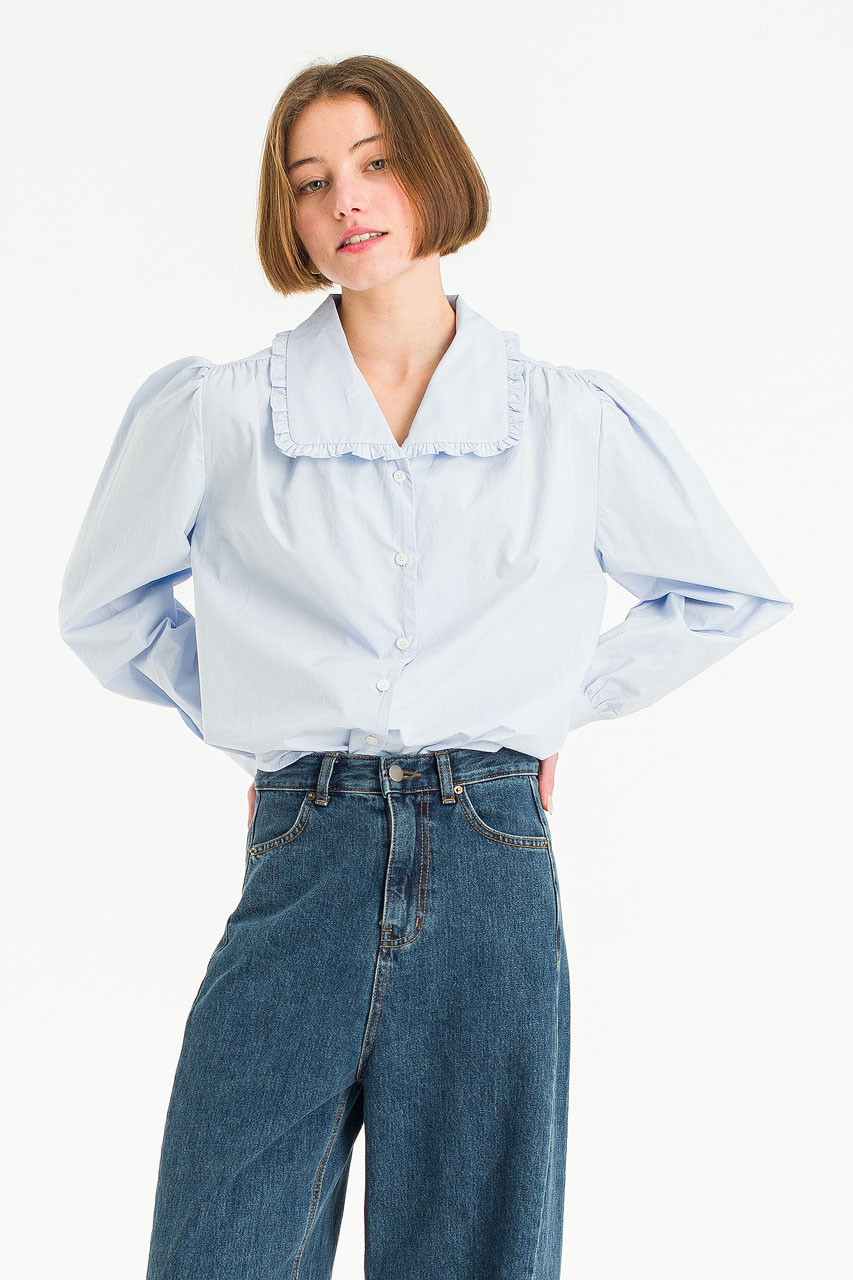 Leah Frill Neck Blouse, Light Blue