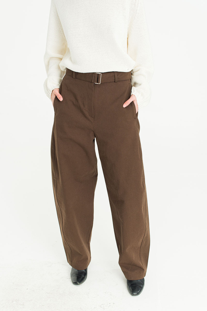 Belted Wide-Leg Cotton Pants, Brown