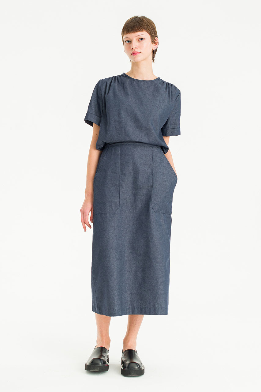 Amelie Twill Open Back Dress, Blue