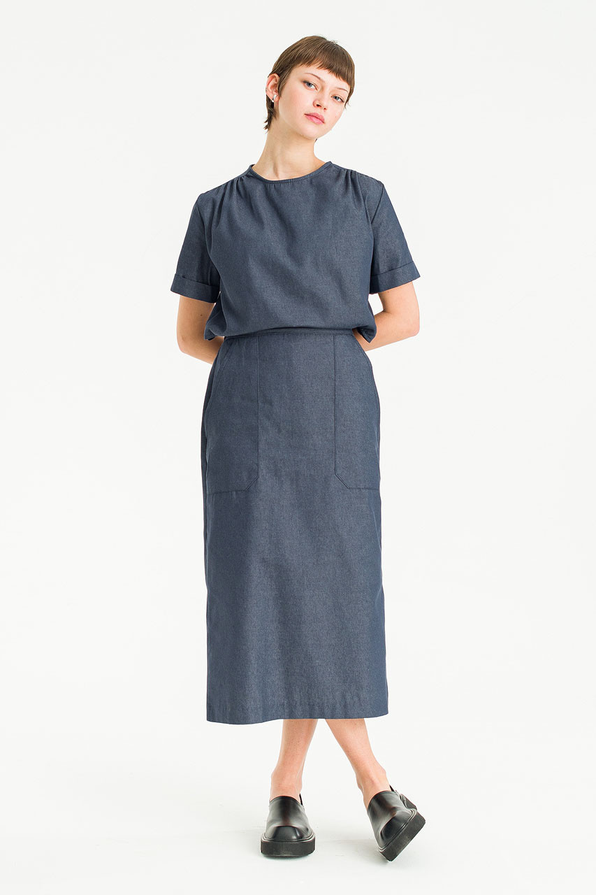 Amelie Twill Open Back Dress, Blue