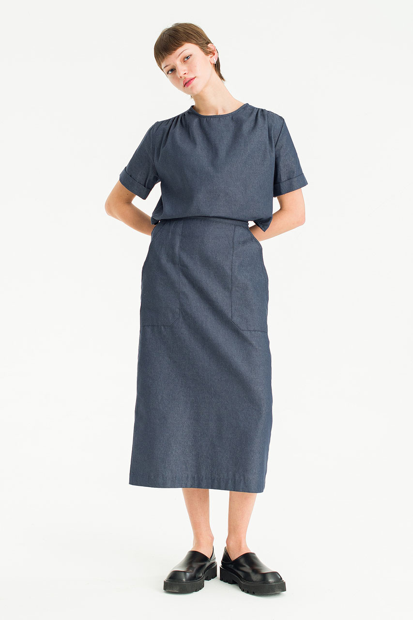 Amelie Twill Open Back Dress, Blue