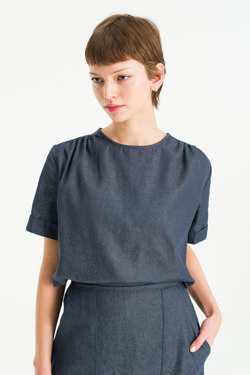 Amelie Twill Open Back Dress, Blue