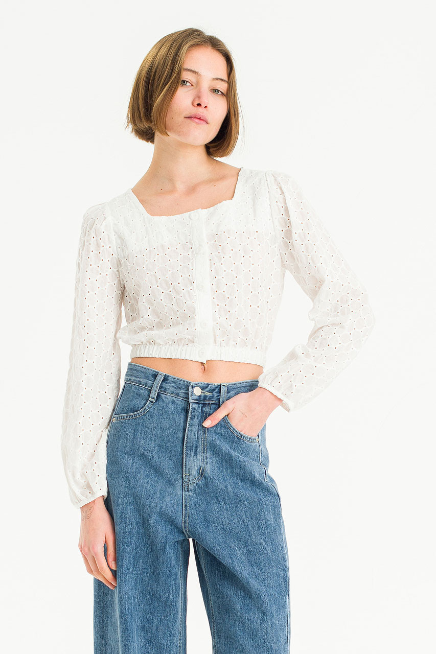 Ella Squre Neck Lace Crop Blouse, Ivory