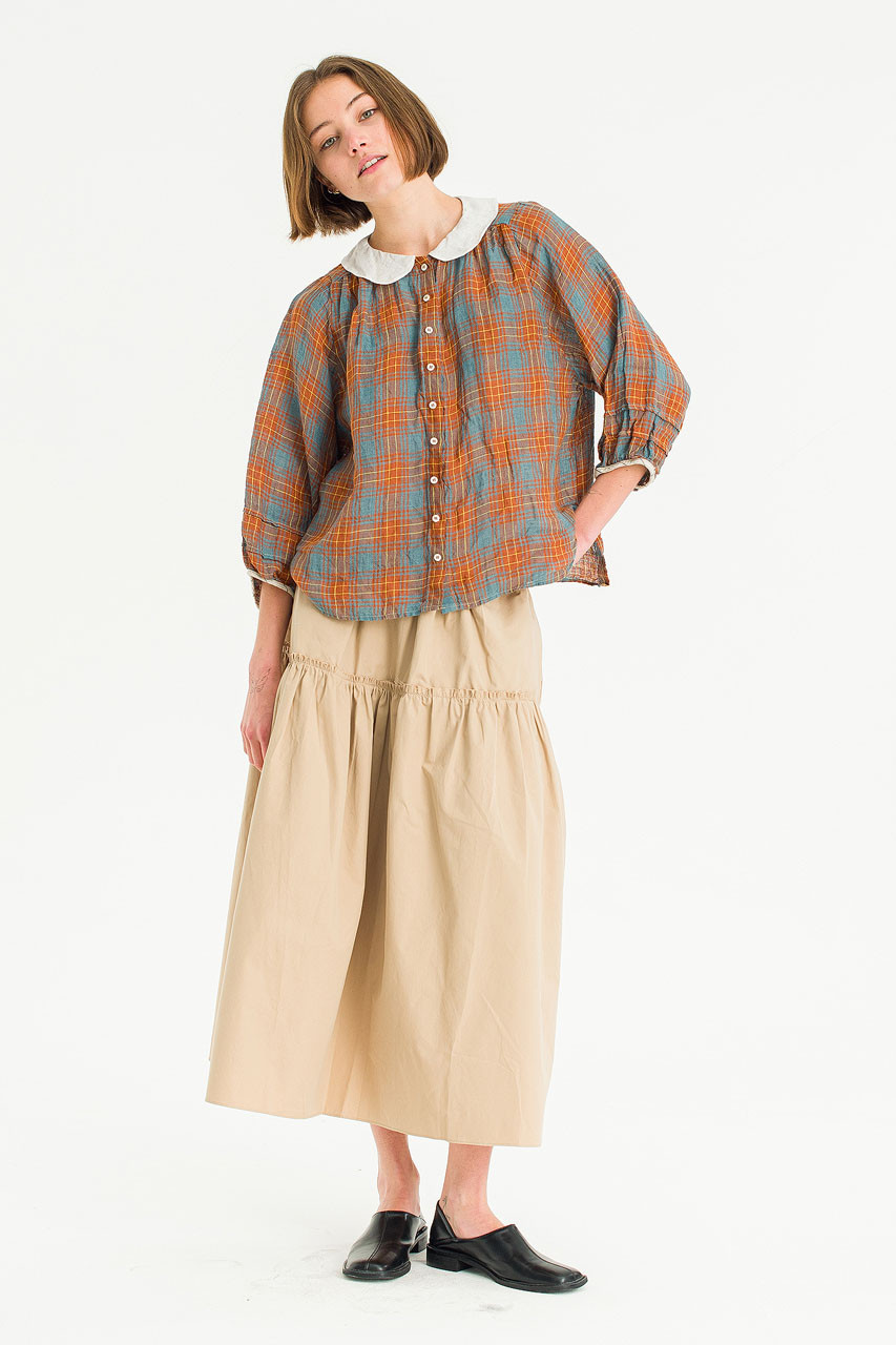 Kanako Check Linen Blouse, Tangerine
