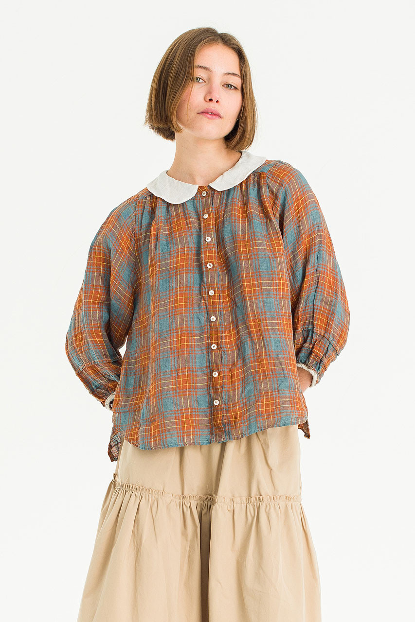Kanako Check Linen Blouse, Tangerine