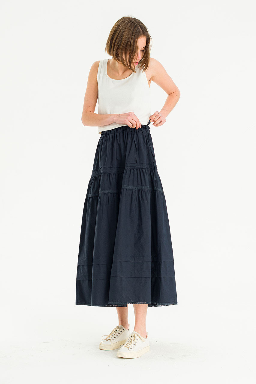 Mya Lace Detail Mid Length Skirt, Navy
